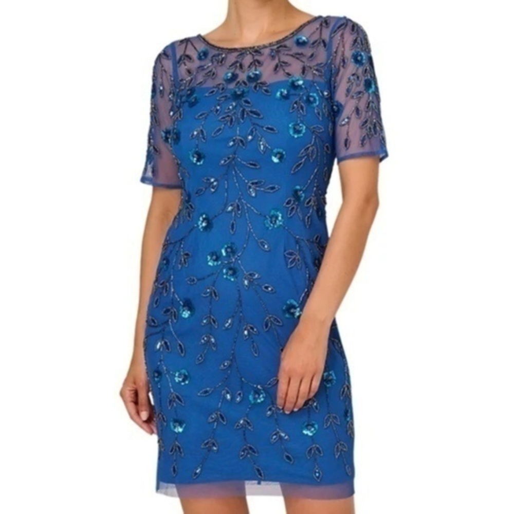Adrianna Papell. 3D‎ Floral Beaded Sheath Dress.